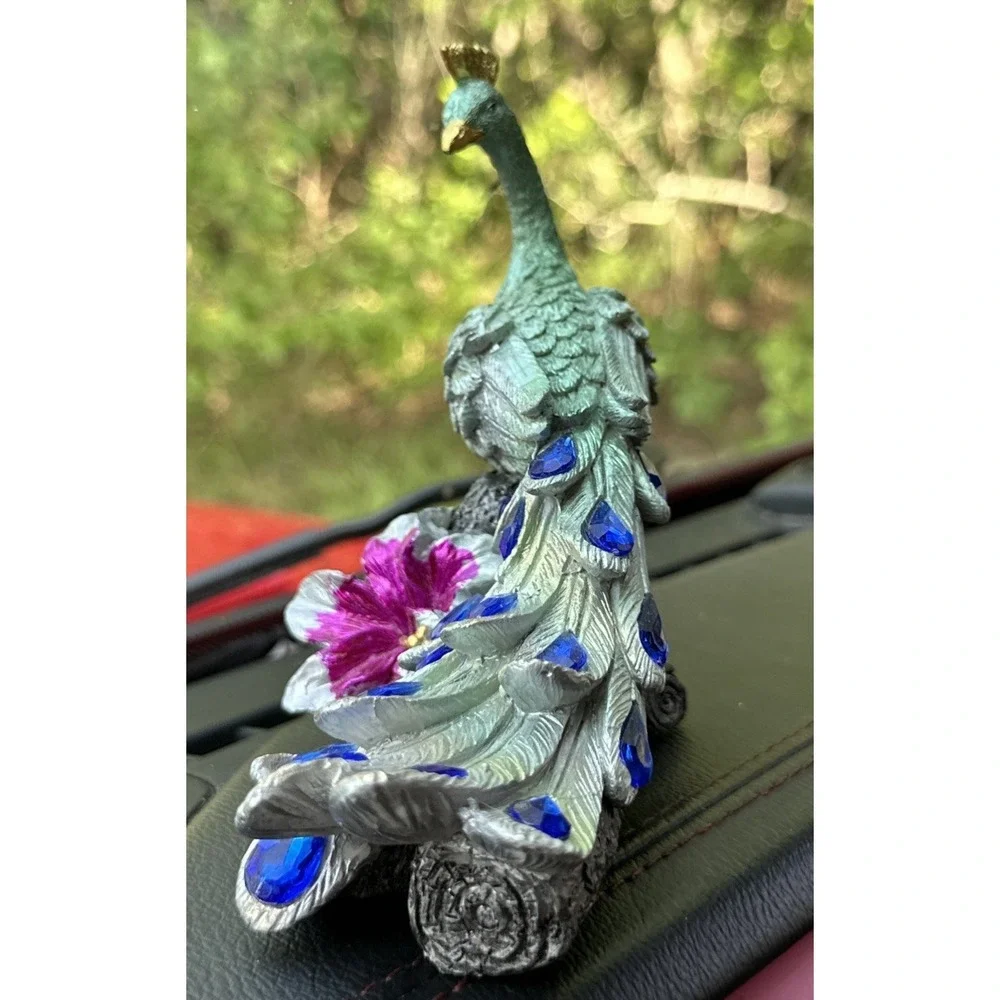 Peacock Figurine Resin Bird Statue Blue Jewel Tail Floral Branch Decor 5.5